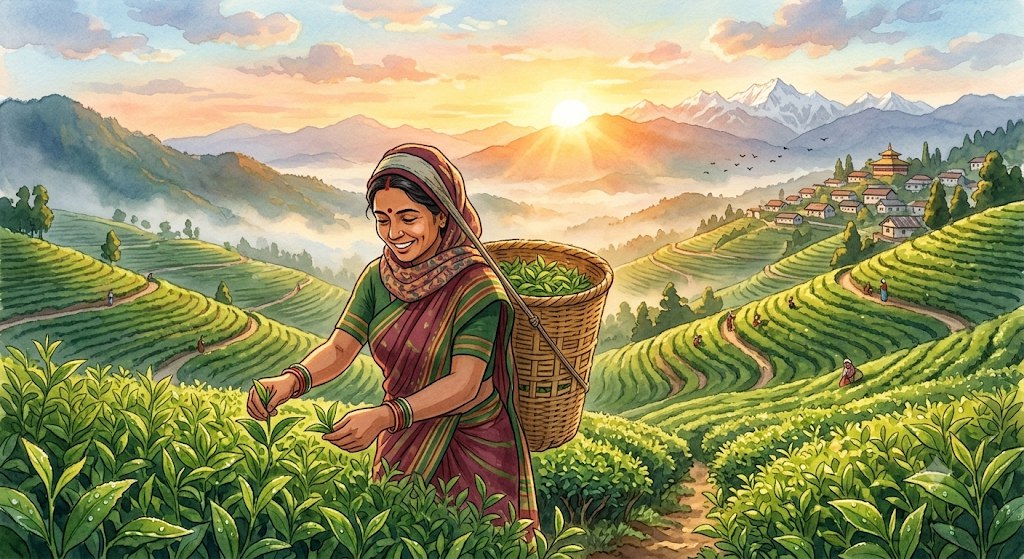 Tea farmer plucking leaves in Darjeeling